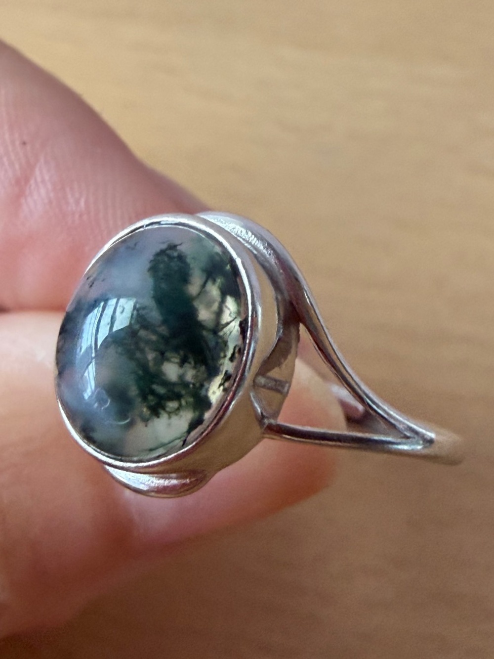 VINTAGE GREEN MOSS AGATE OVAL CABOCHON RING 925 STERLING SILVER ADJUSTABLE SIZE